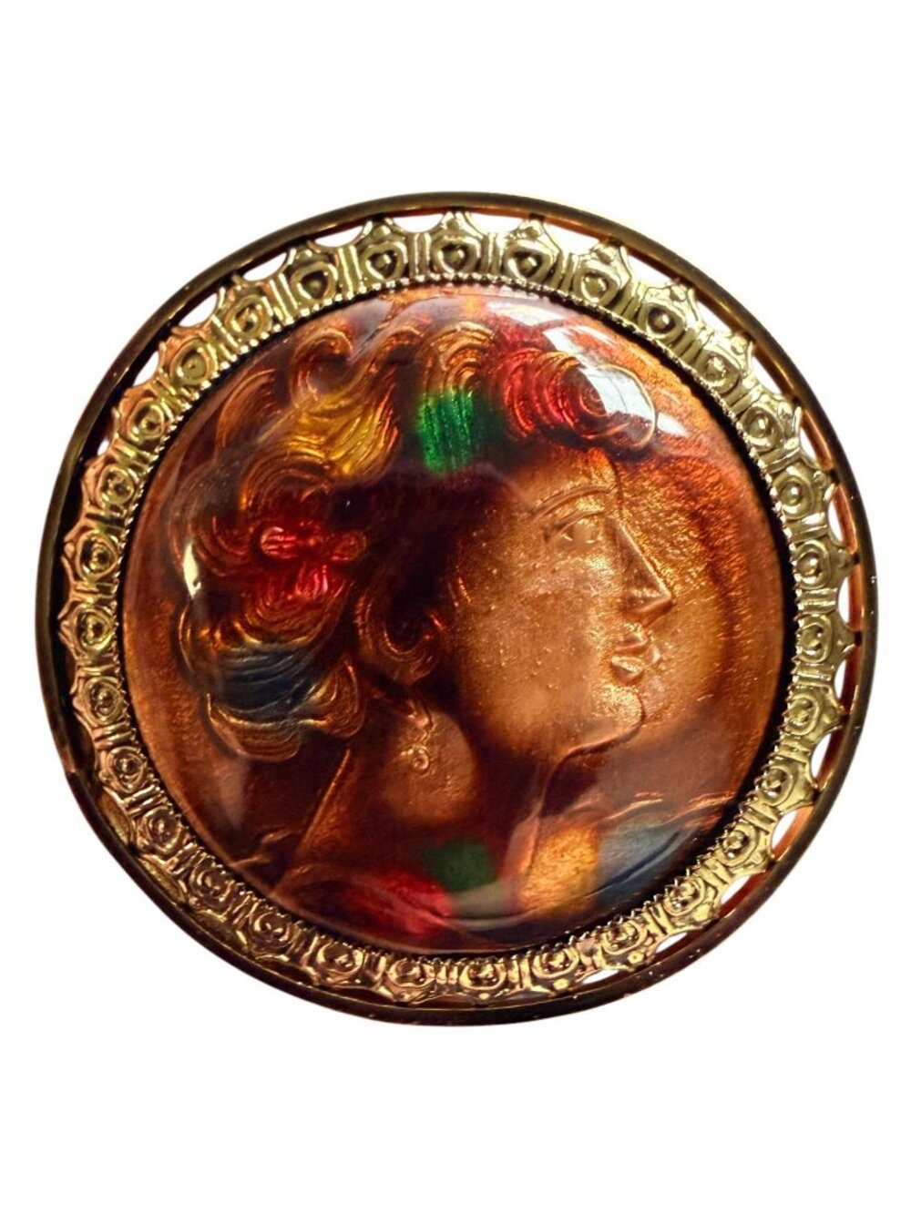 Vintage 1950s Reverse Carved Lucite Renaissance Lady Brooch New Old Stock
